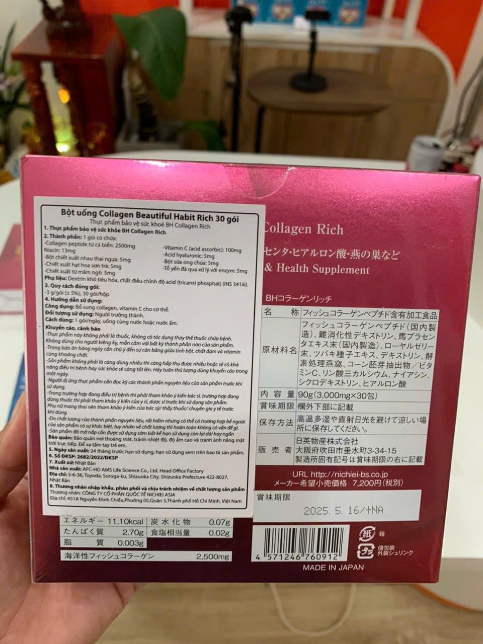 Nhãn phụ tiếng Việt bột uống BH Collagen Rich Nichiei Bussan
