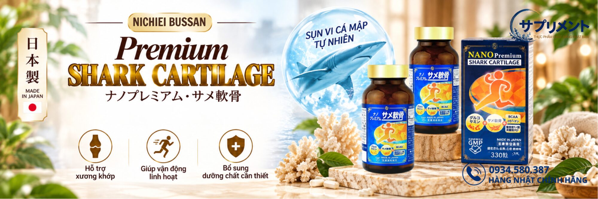 Viên uống Sụn Vi Cá Mập Nano Premium Nichiei Bussan hỗ trợ xương khớp và vận động linh hoạt