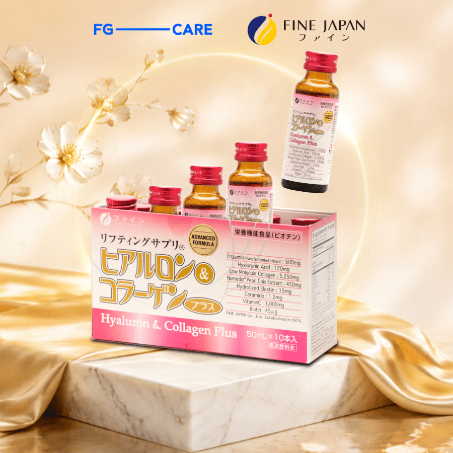 Hộp và chai Collagen Hyaluron Fine Japan Plus 10 chai 50ml, chữ ヒアルロン&コラーゲン