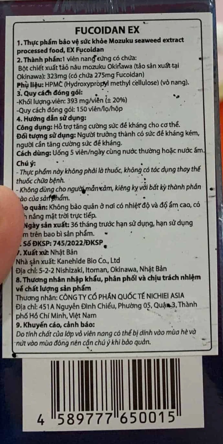 Nhãn phụ tiếng Việt Fucoidan EX Kanehide Bio: 323mg chiết xuất Mozuku chứa 275mg fucoidan mỗi viên, uống 5 viên/ngày, số 745/2022/ĐKSP