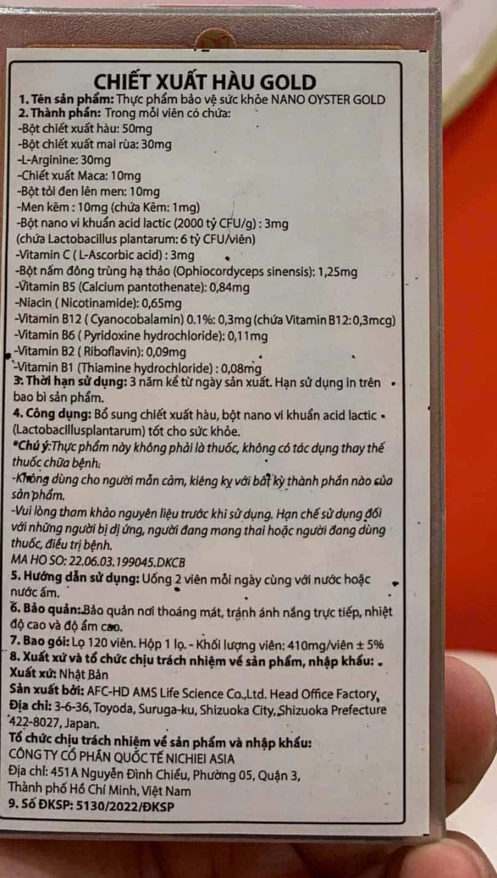 Nhãn phụ tiếng Việt Chiết xuất Hàu Gold: 50mg chiết xuất hàu, 6 tỷ CFU Lactobacillus plantarum mỗi viên, uống 2 viên/ngày, số 5130/2022/ĐKSP