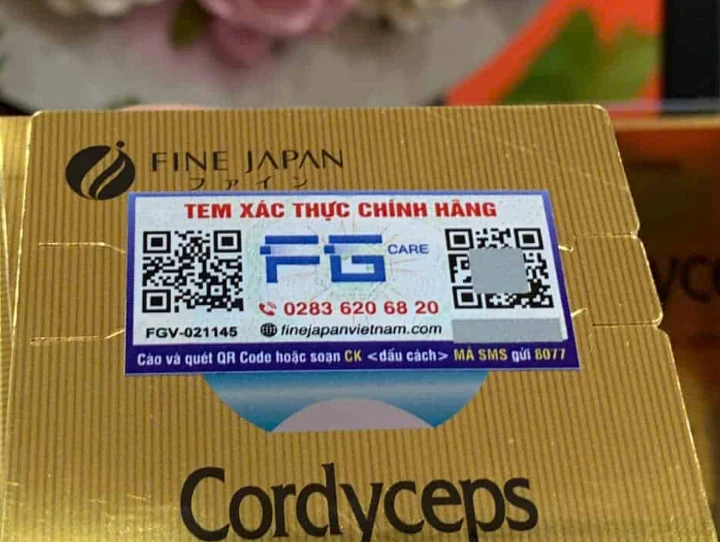 Tem xác thực chính hãng FG Care có mã QR trên hộp đông trùng hạ thảo Fine Japan Cordyceps