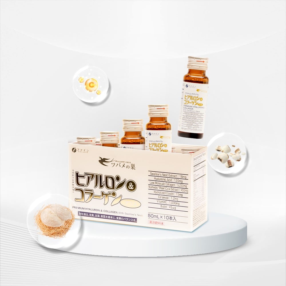 Hộp và chai Collagen Yến Hyaluron Plus Fine Japan, chữ ツバメの巣 trên hộp